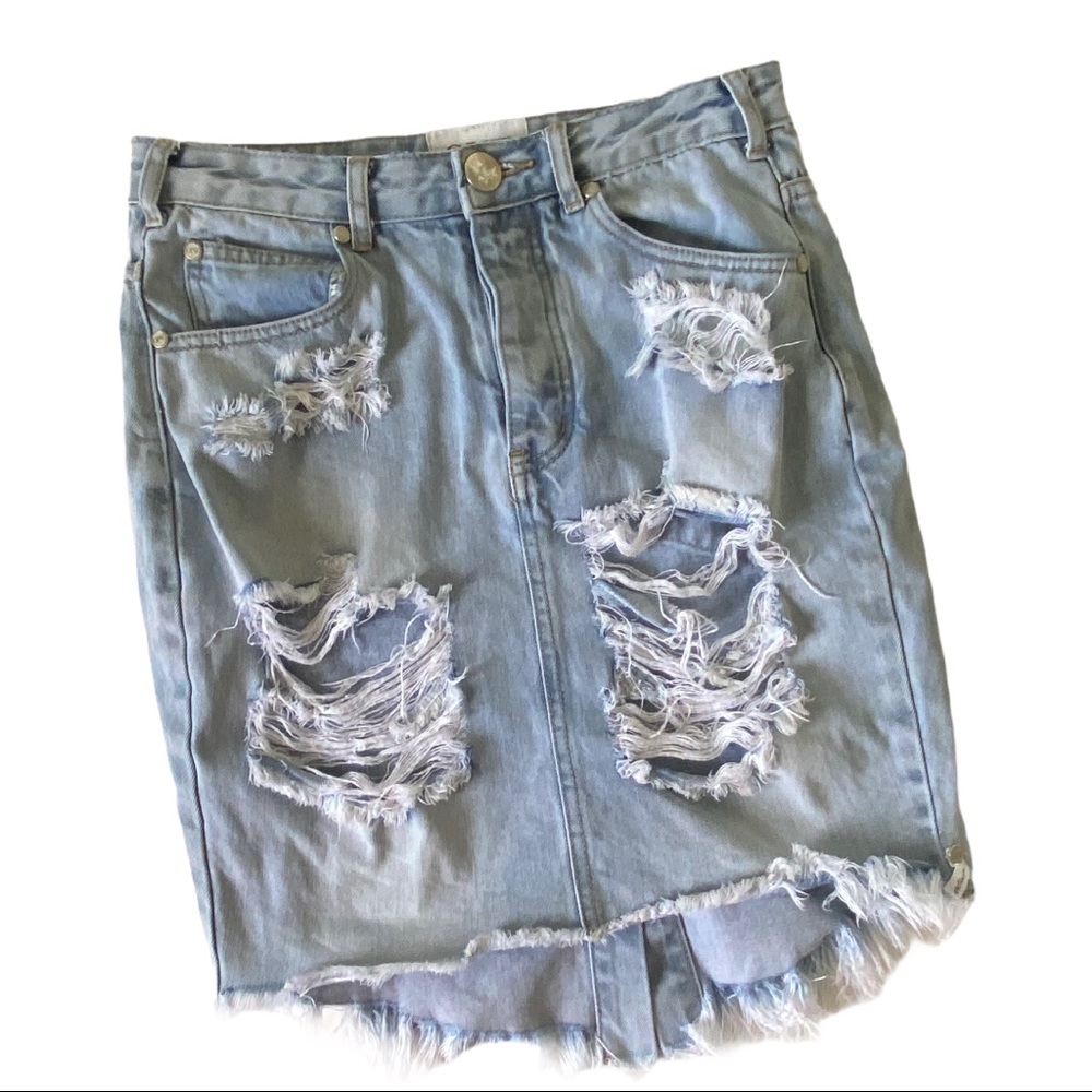 One Teaspoon Ripped Distressed Denim Jean Skirt 100% Cotton